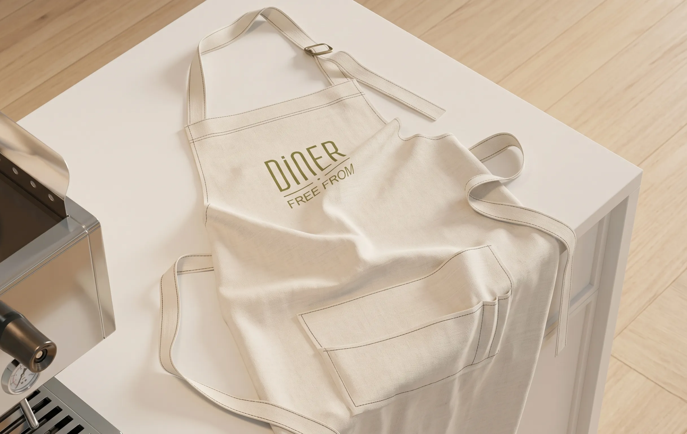 Mockup of a cream apron printed with the Diner Free From logo, beside an espresso machine