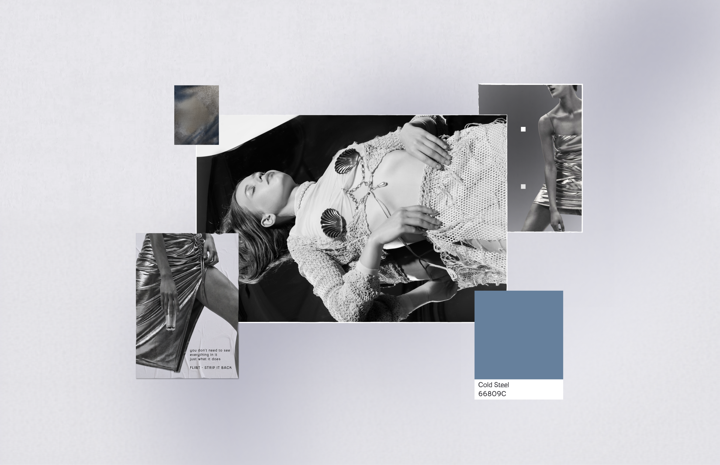 Flint brand moodboard collage of black and white and metallic reference photography, including a model in a mesh and shell-detail top and colour texture swatches