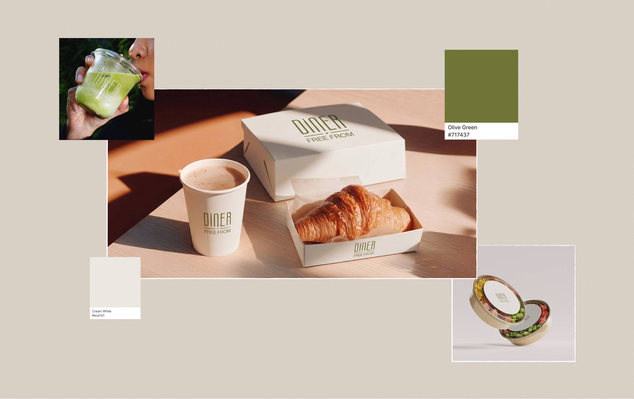 Diner Free From brand moodboard with a smoothie, a takeaway coffee and croissant, colour swatches, and a food pot