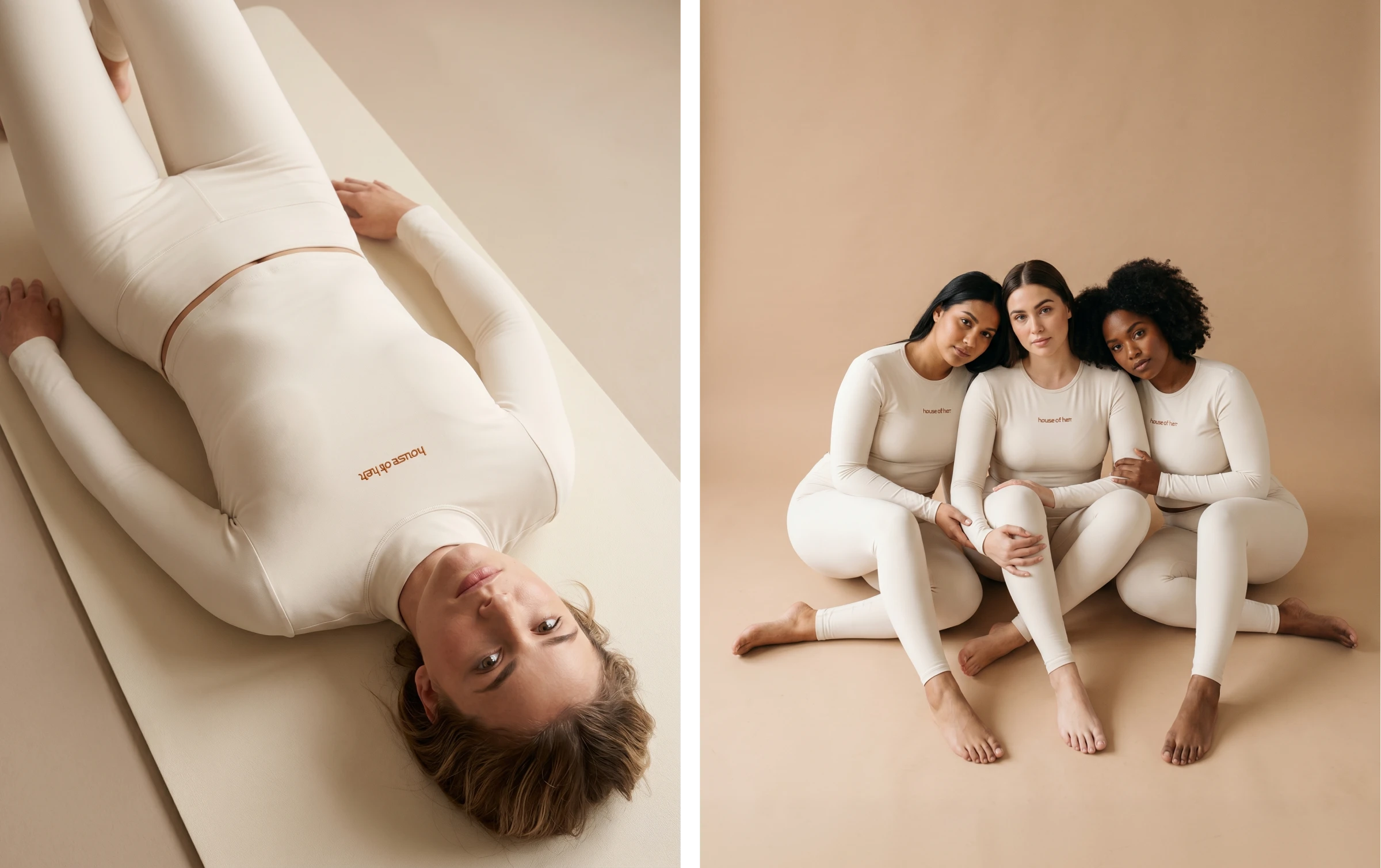 HOH 6 Split image of a woman lying on a yoga mat, and three women sitting together, all in House of Her activewear