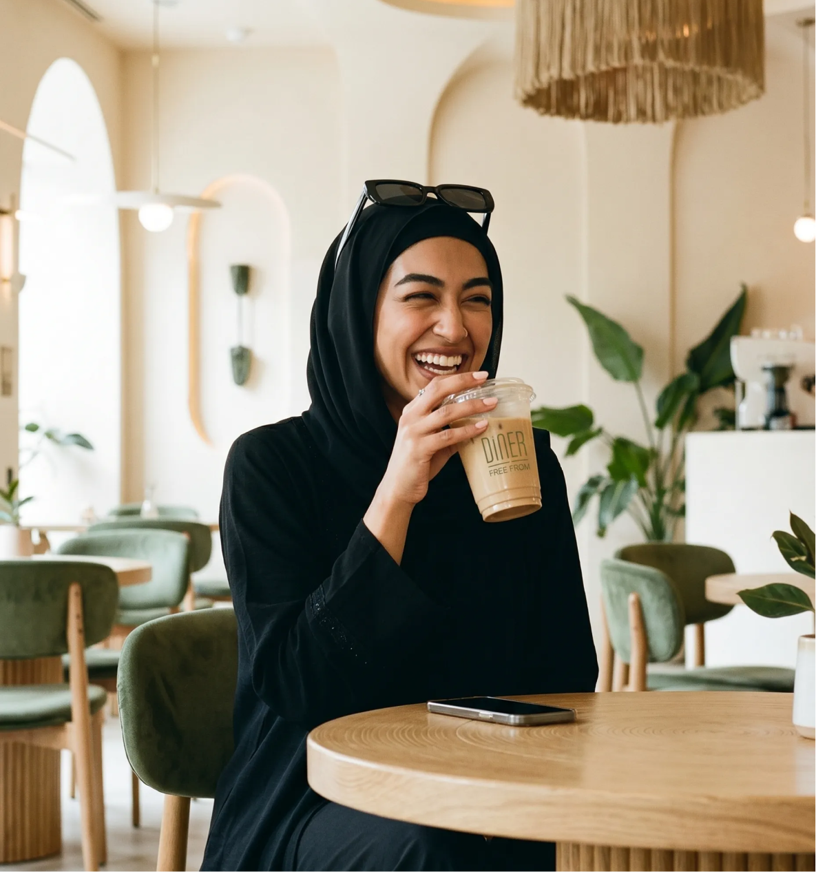 Woman in a hijab laughing while drinking an iced coffee from a Diner Free From cup in a café
