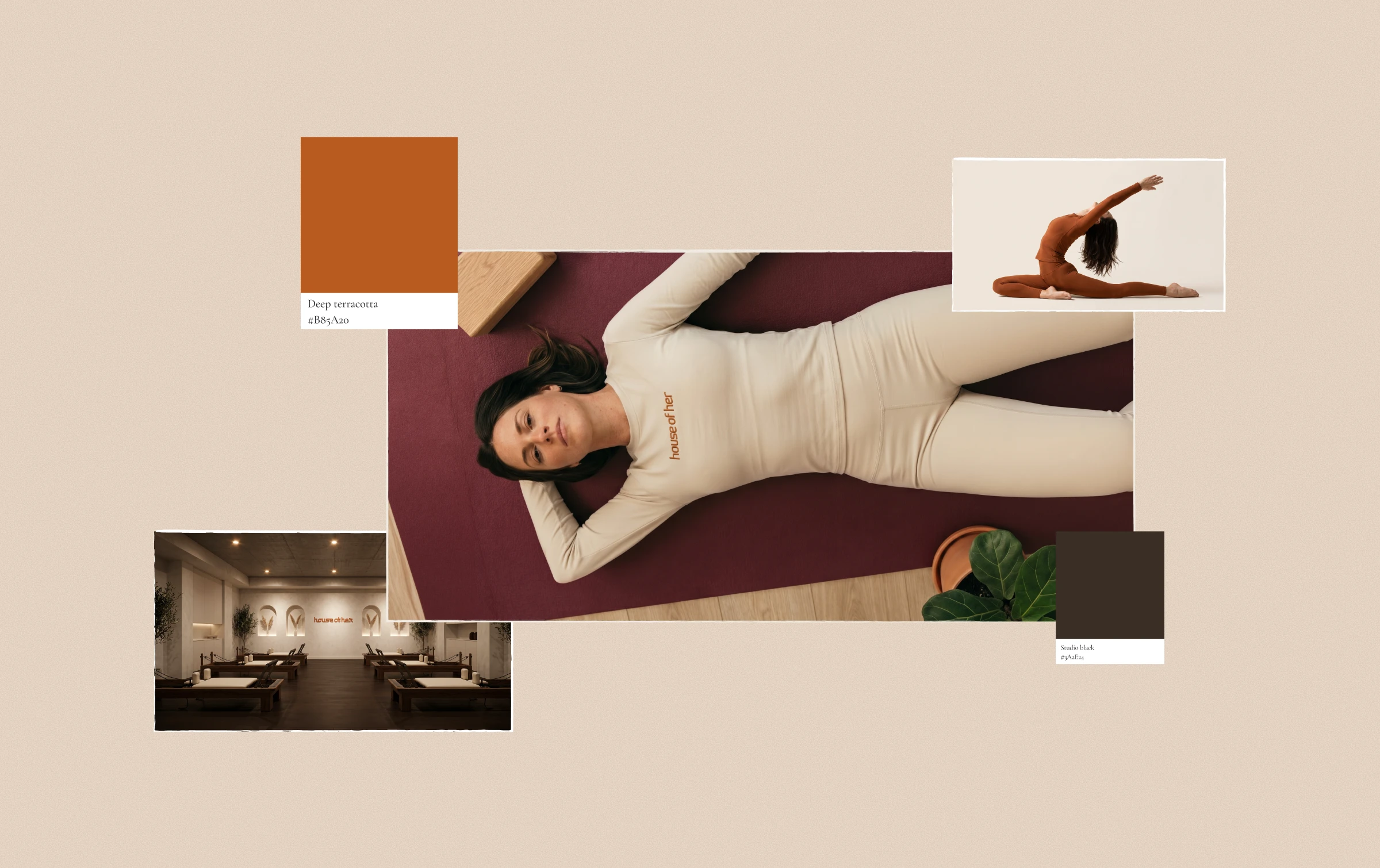 HOH 2 House of Her brand moodboard collage including a colour swatch, a woman lying on a yoga mat, a yoga pose, and a Pilates studio interior