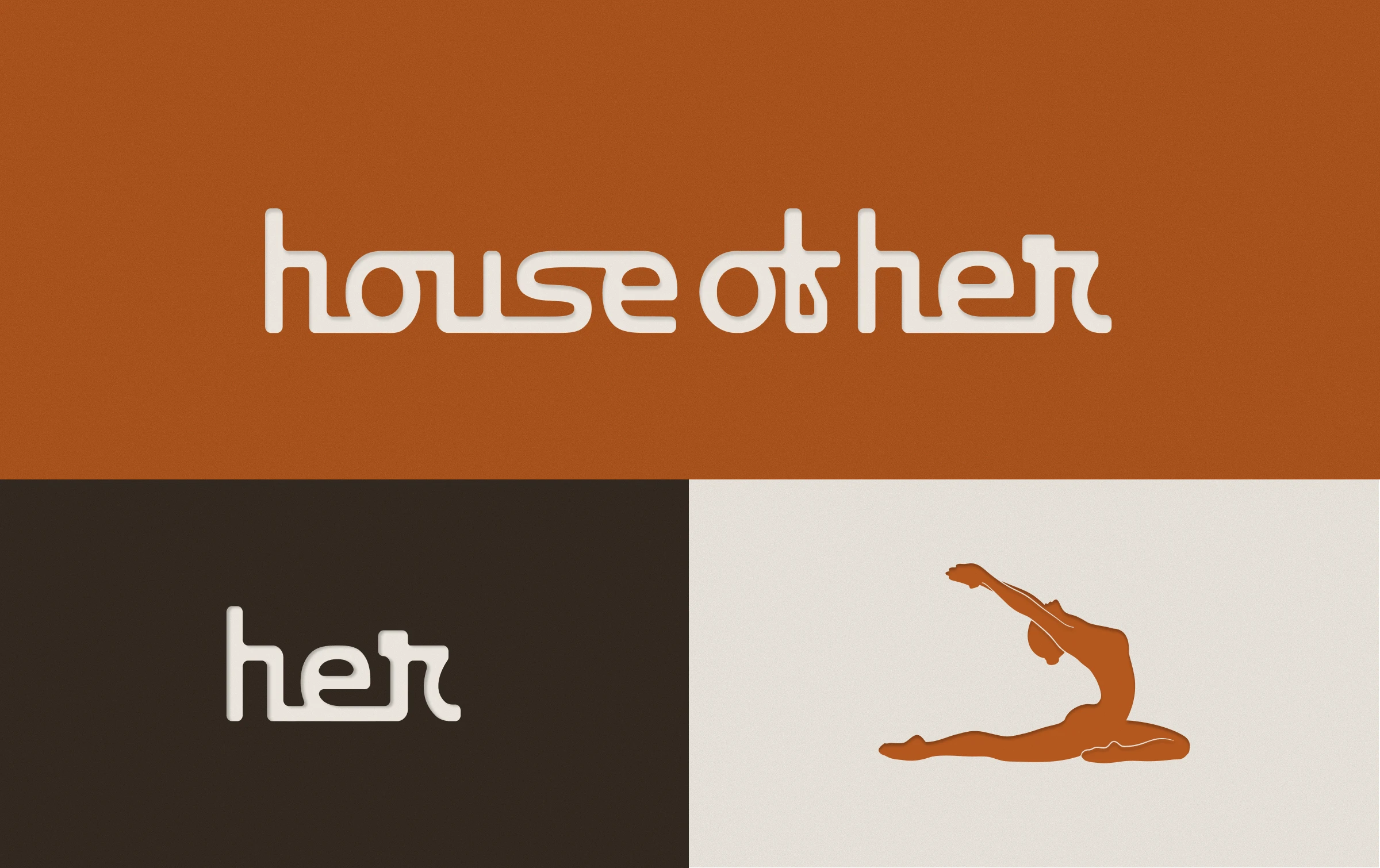 HOH 3 House of Her logo showcase, the wordmark on terracotta, the abbreviated "her" mark on dark brown, and a yoga pose icon