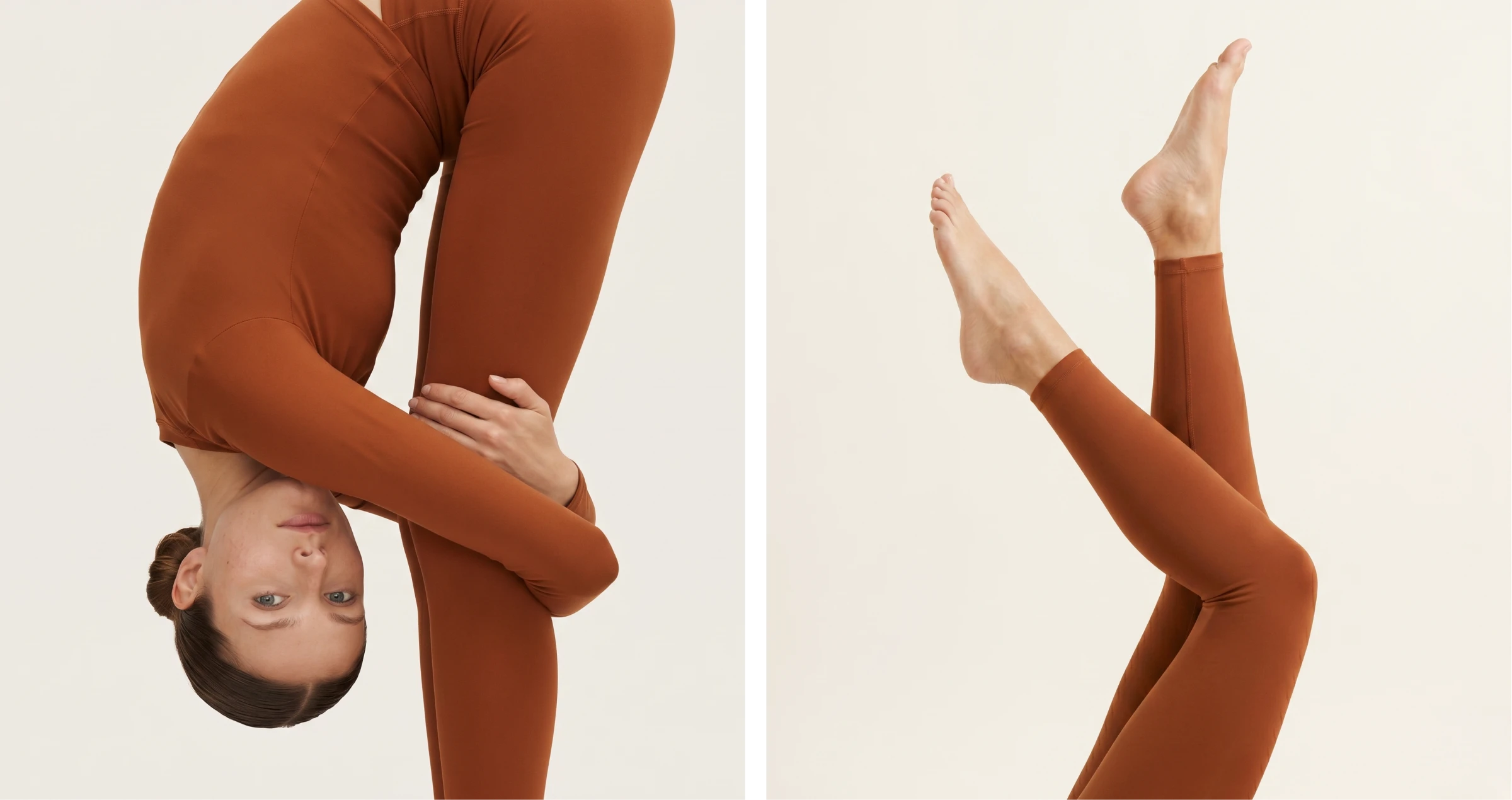 HOH 4 Split image of a woman folding forward in activewear, and a close-up of crossed legs and feet