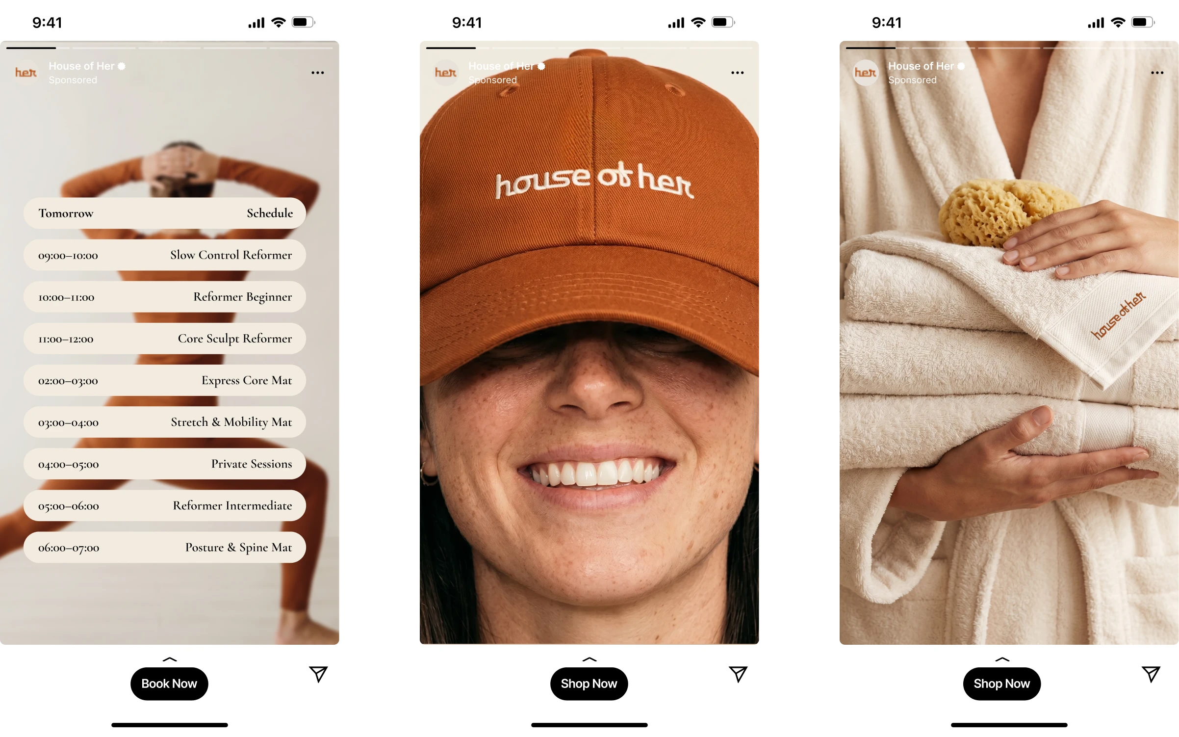 HOH social media Three House of Her Instagram Story ad mockups showing a class schedule, a branded cap, and spa towels