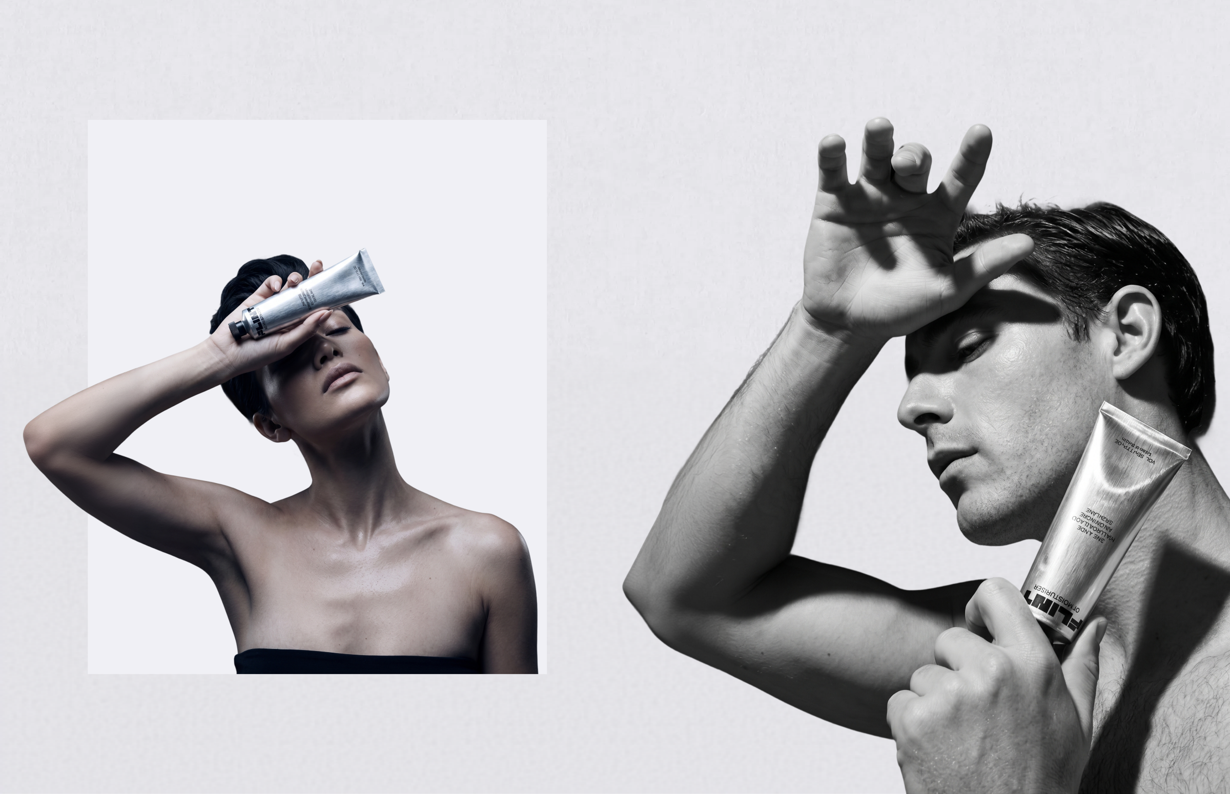 Split campaign image for Flint, a woman and a man each hold the silver Flint moisturiser tube to their face