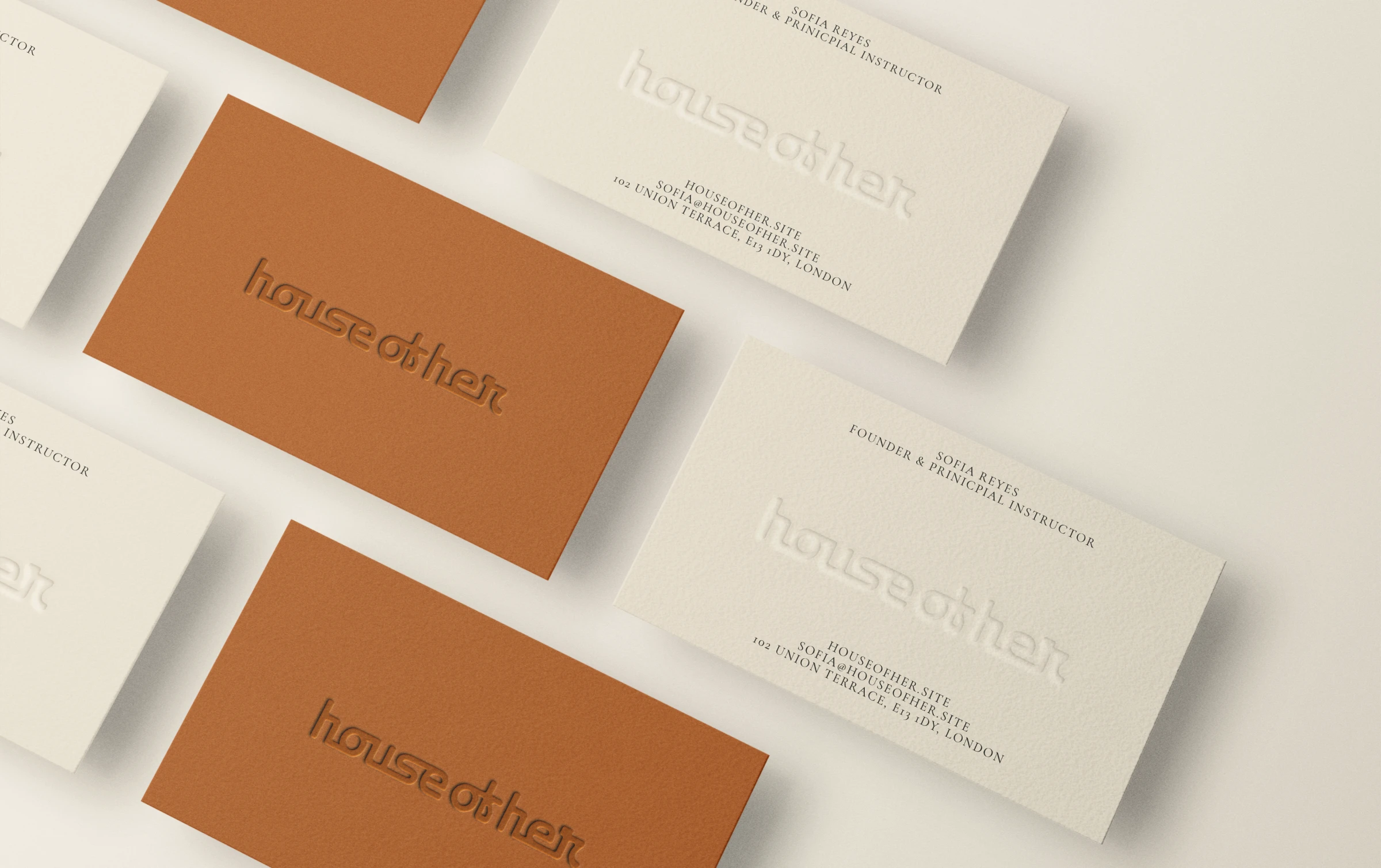 HOH Business cards Embossed House of Her business cards in terracotta and cream