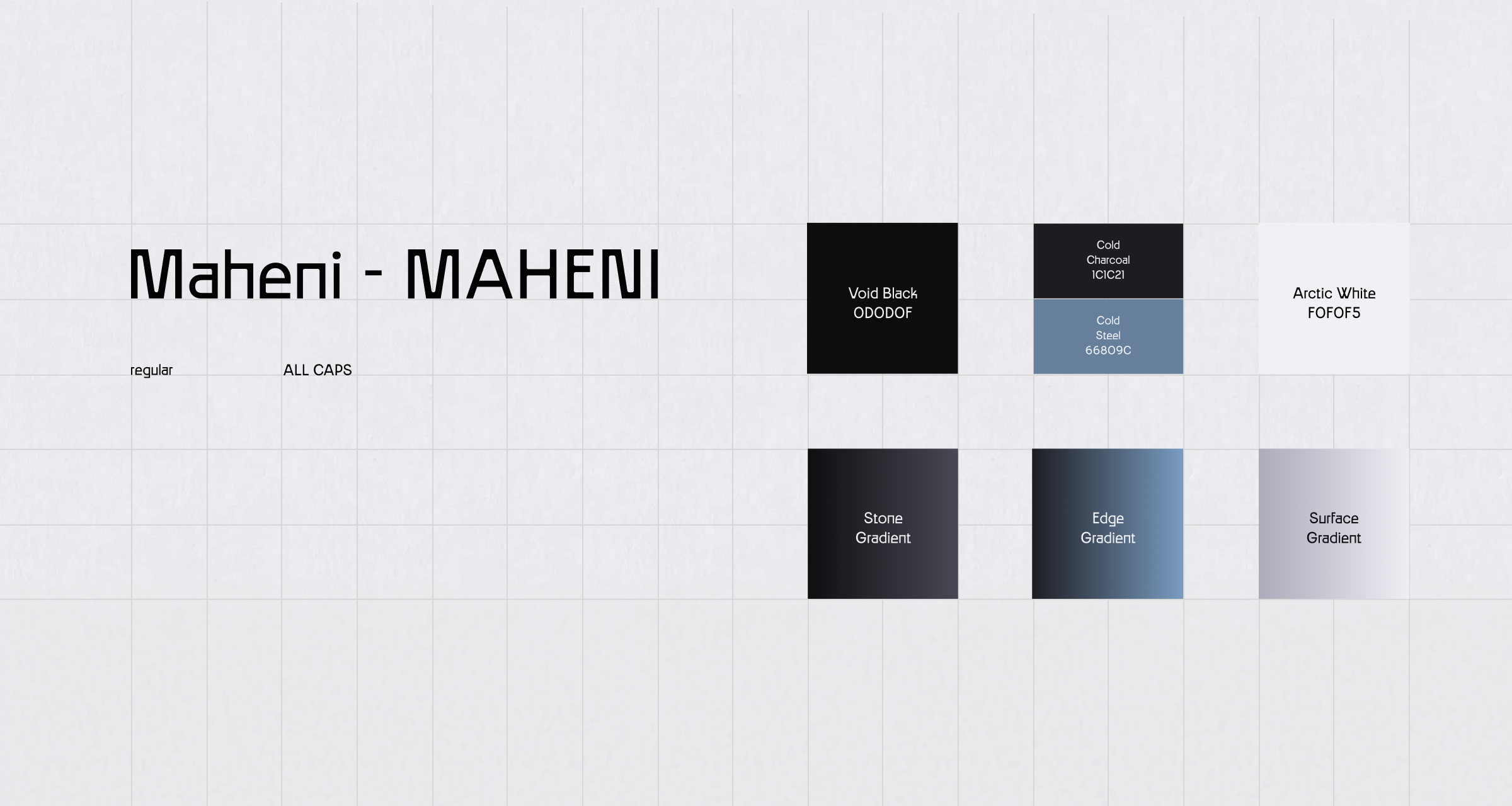Flint brand style sheet showing the Maheni typeface and a grey and black colour palette