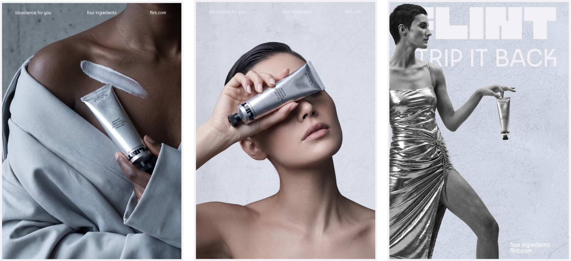 Three Flint campaign posters featuring close-ups of the product tube and a woman in a metallic dress, under the tagline "Strip It Back"