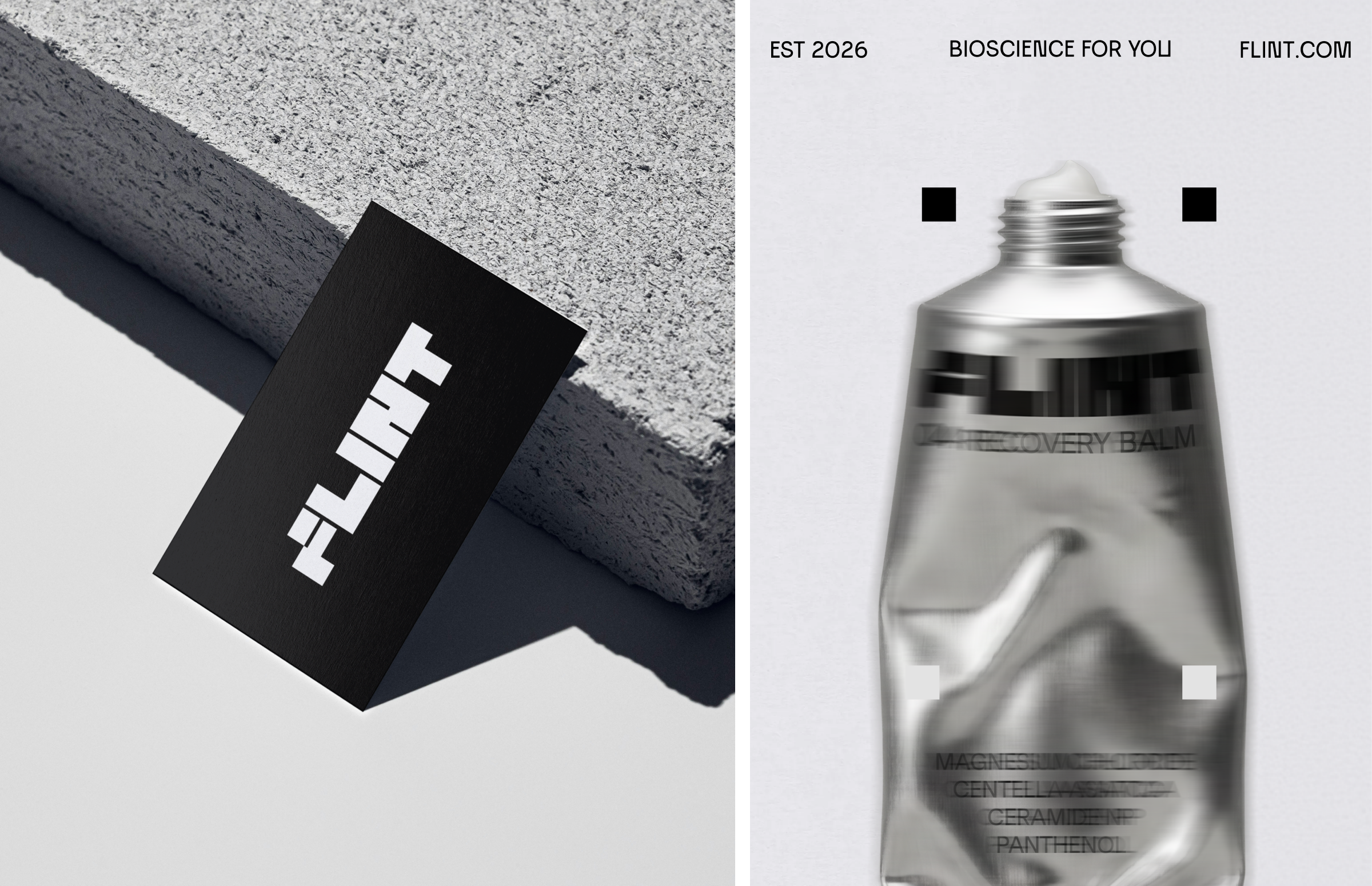 Split image showing the Flint business card leaning on a concrete slab, and a silver tube of Flint Recovery Balm