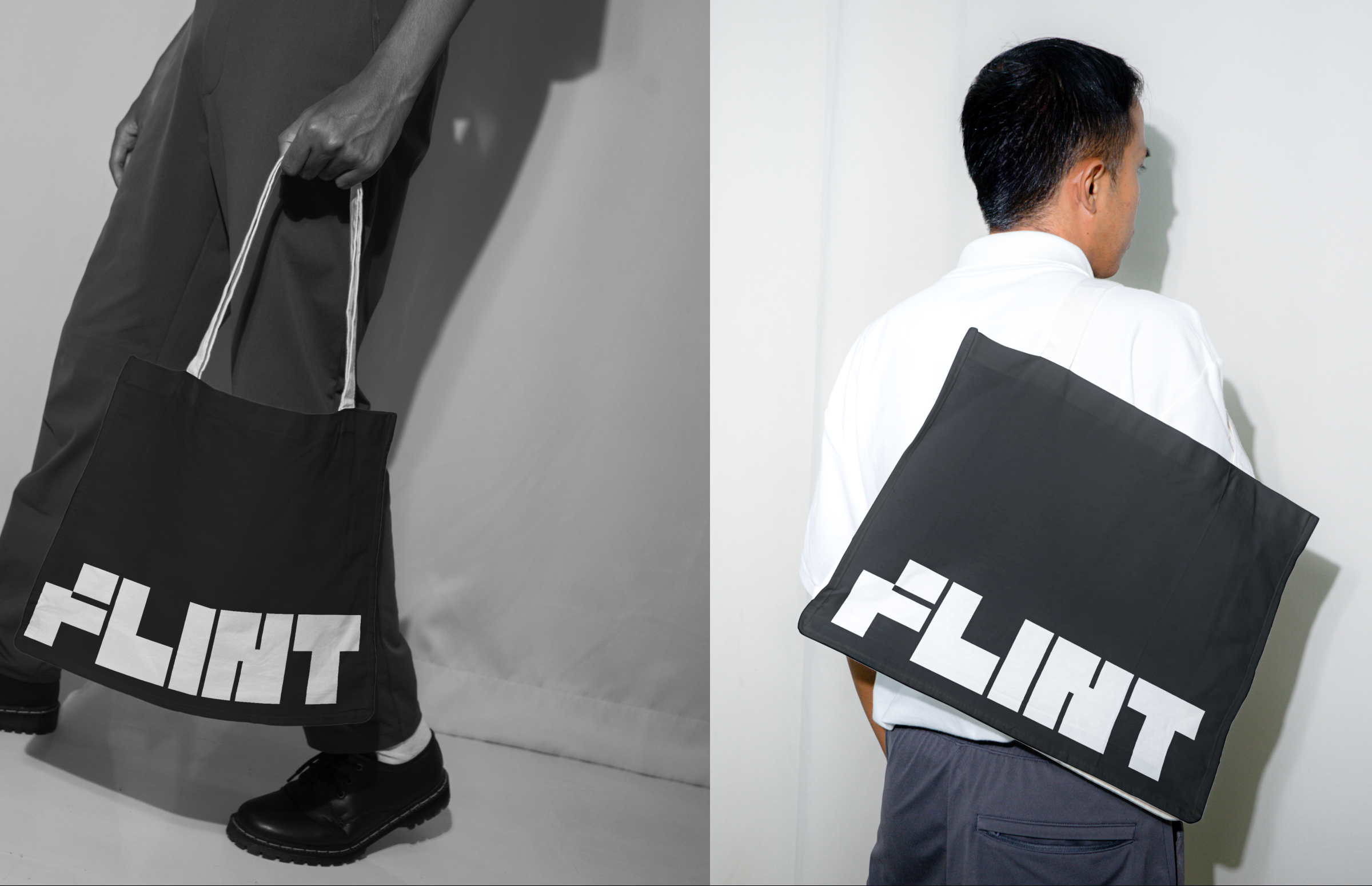 Two photographs of a black canvas tote bag printed with the Flint logo being carried