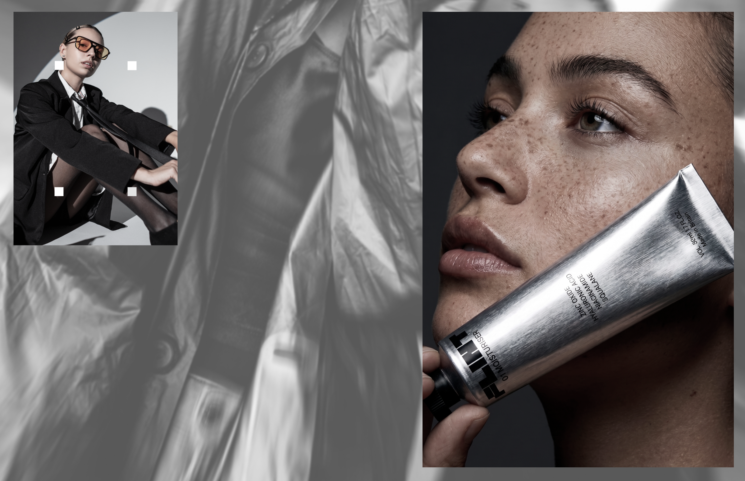 Split campaign image, a woman in sunglasses and a blazer, and a close-up of a freckled face with the Flint moisturiser tube