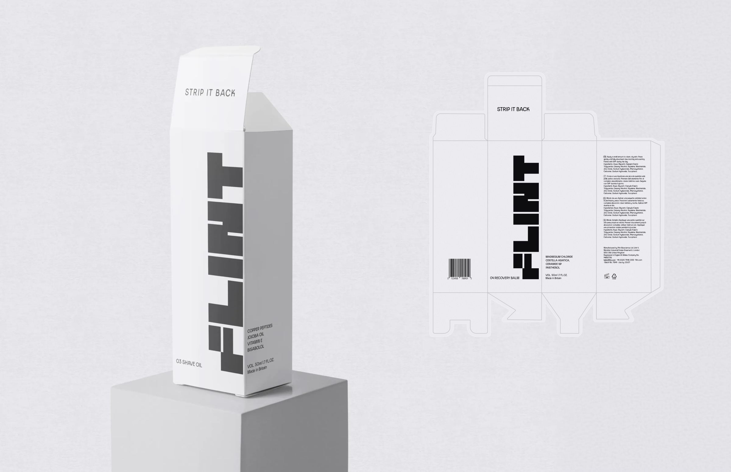 Flint shave oil box on a plinth, beside an unfolded packaging die-line for the recovery balm box