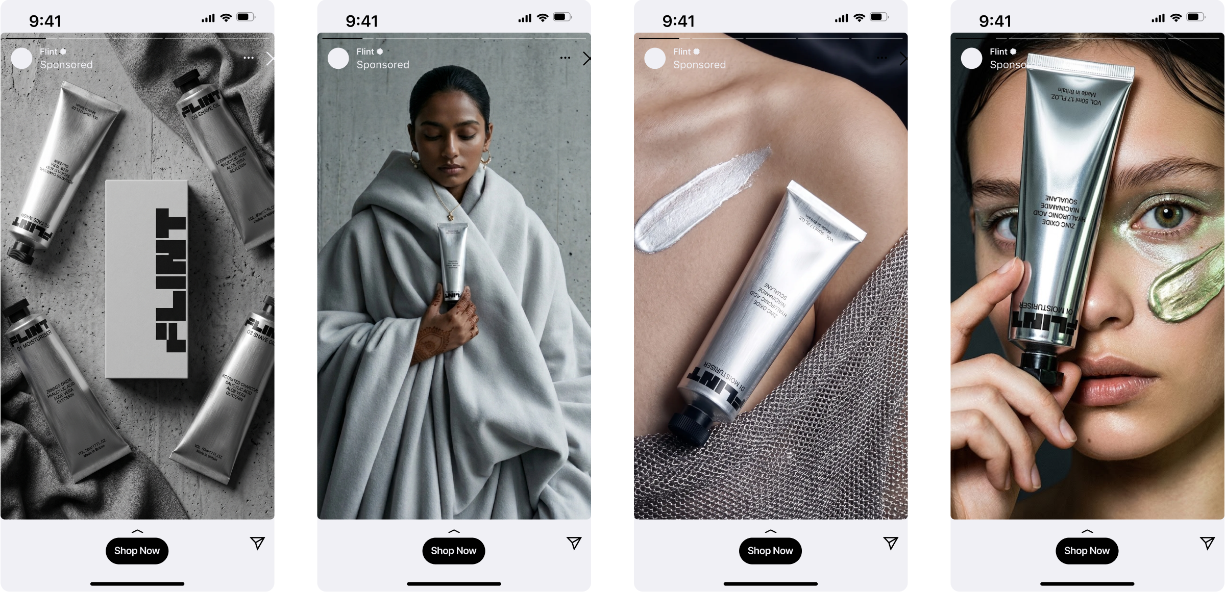 Four Flint Instagram Story ad mockups showing product flat lays and close-up application shots
